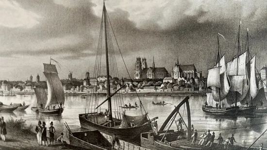 Le port du Portereau d'Orléans à l'apogée du commerce sur la Loire (rive sud). Lithographie de Charles Pensée, 1829