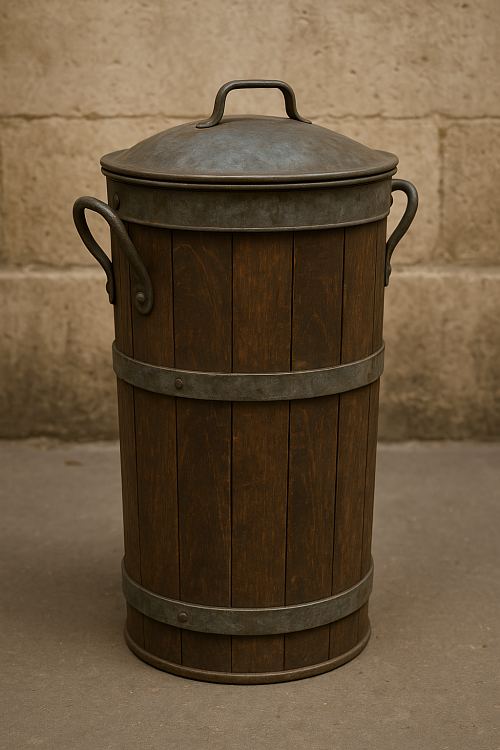Modèle de poubelle de la fin du XIXe siècle dont l'usage fut rendu obligatoire par Eugène Poubelle en vertu d'un arrêté du 7 mars 1884
