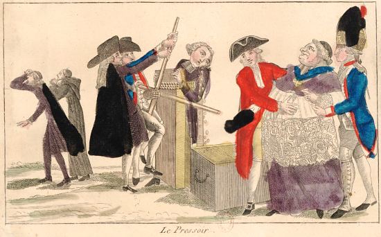 Le pressoir. Estampe satirique de 1789 ou 1790 illustrant la nationalisation des biens du clergé