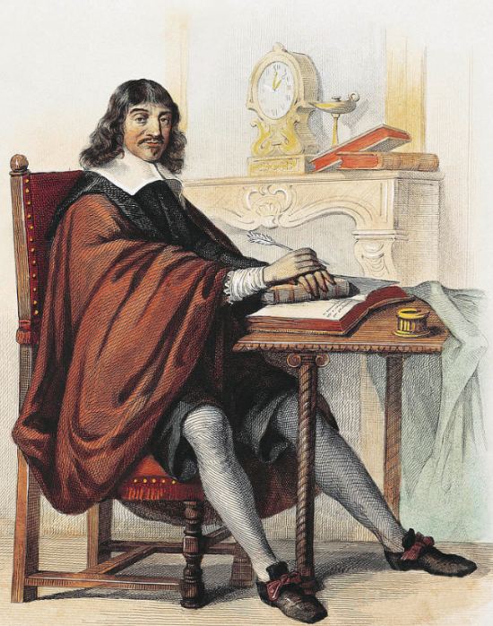 René Descartes à sa table de travail. Gravure de 1860 réalisée d'après un dessin (colorisé ultérieurement) de Claude Jacquand (1804-1878)