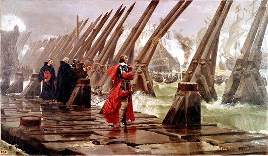 Le cardinal de Richelieu sur la digue, lors du Grand siège de La Rochelle. Peinture de Henri-Paul Motte (1881)