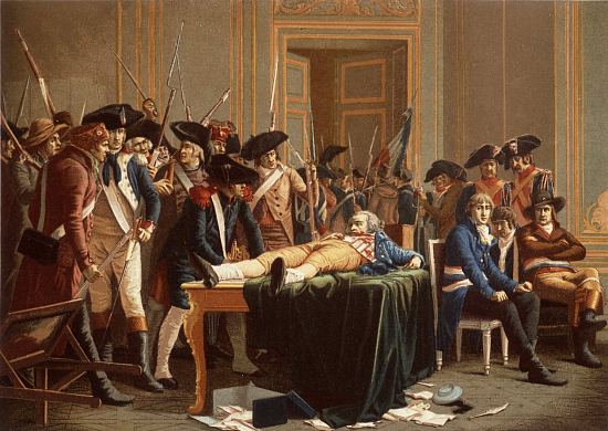 Robespierre blessé attendant son exécution. Chromolithographie de la fin du XIXe siècle