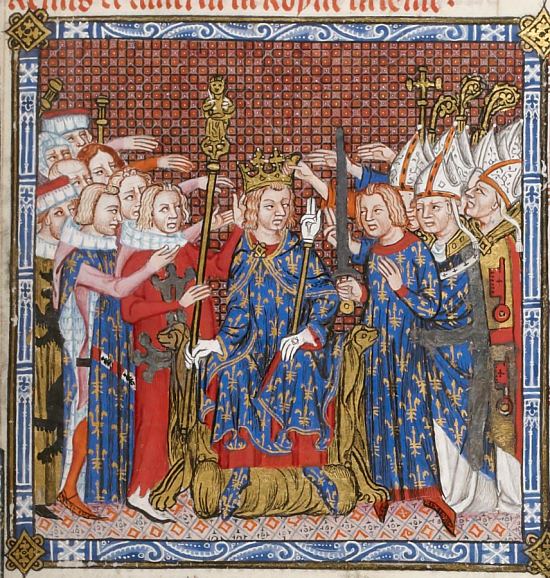 Sacre de Charles V le 19 mai 1364. Enluminure extraite des Grandes Chroniques de France de Charles V (manuscrit n°2813 de la BnF, vers 1380)