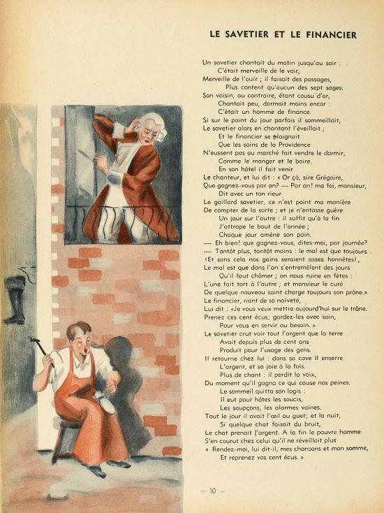 Le Savetier et le Financier. Page extraite de Fables de La Fontaine paru en 1938 aux Éditions des Enfants de France