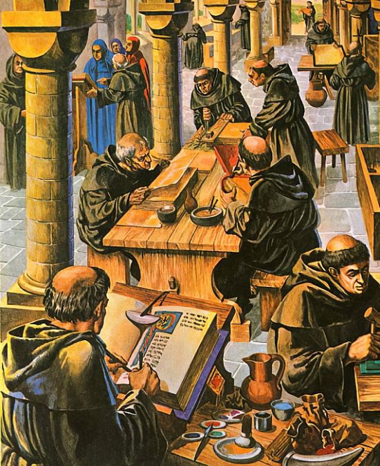 Moines copistes travaillant dans un scriptorium au Moyen Âge