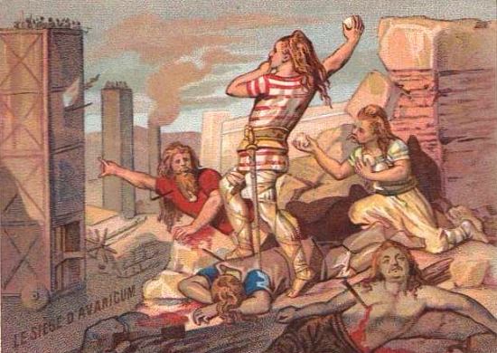 Soldats gaulois lançant des boulets de suif et de poix sur les tours romaines lors du siège d'Avaricum (Bourges) par les Romains en 52 av. J.-C.