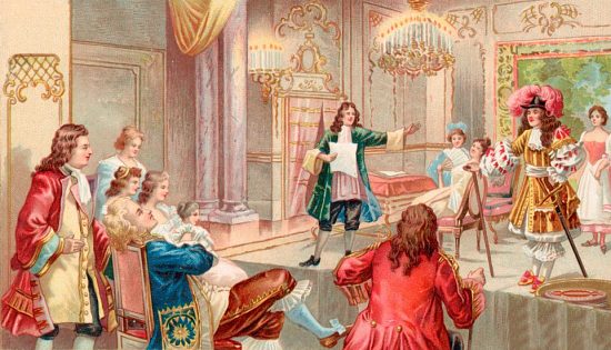Le théâtre français sous Louis XIV. Représentation d'une pièce de Molière. Chromolithographie réalisée vers 1900