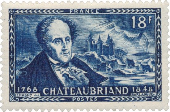 François-René de Chateaubriand. Timbre émis le 3 juillet 1948 Commémorations de 1948. Dessin de Paul-Pierre Lemagny