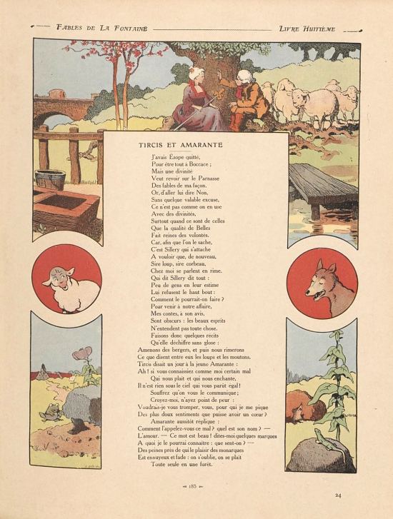 Tircis et Amarante. Page extraite de Fables de La Fontaine illustrées par Benjamin Rabier paru en 1906