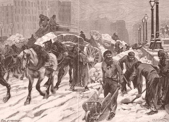Le déchargement des tombereaux de neige dans la Seine en décembre 1879. Vue prise sur le Pont-Neuf