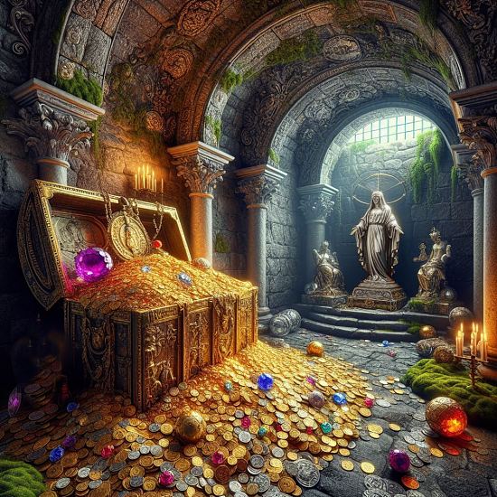 Un trésor constitué d'or, de pierres précieuses et d'une grande statue de la Sainte Vierge en argent massif dans le château de La Forêt-Auvray