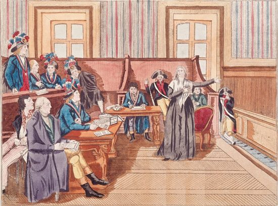 Procès de Marie-Antoinette le 15 octobre 1793. Dessin de Pierre Bouillon (1793). Hébert est représenté assis au premier plan, devant l'accusateur public Fouquier-Tinville