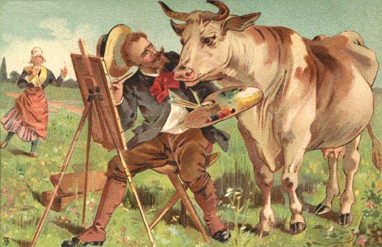 Le peintre et la vache. Chromolithographie de 1890