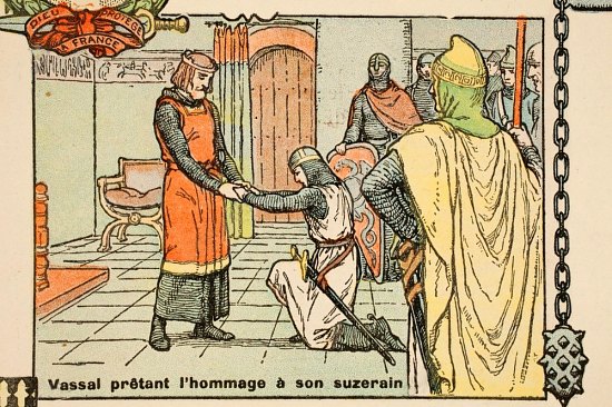 Vassal prêtant serment à son suzerain. Illustration parue dans Histoire de France (Tome 1) de Gustave Gautherot (1934)