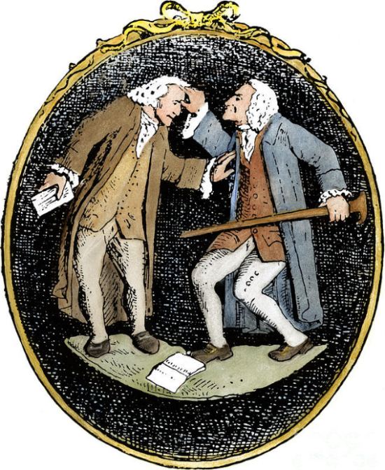 Discussion entre Voltaire et Rousseau. Dessin humoristique (colorisé ultérieurement) de la fin du XVIIIe siècle