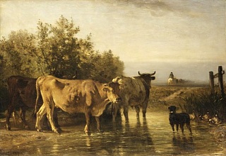 Troupeau passant le gu�. Peinture de Constant Troyon