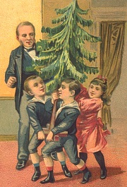Trois enfants portant un sapin de Noël à la fin du XIXe siècle