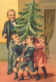 Trois enfants portant un sapin de No�l � la fin du XIXe si�cle