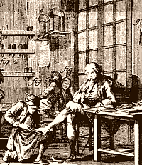 Int&eacute;rieur d'un atelier de cordonnier au dix-huiti�me si�cle