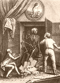 Gravure satirique. A droite, le serrurier Gamain qui vient d'ouvrir l'armoire dans laquelle appara�t Mirabeau, � gauche le ministre Roland, en haut Louis XVI