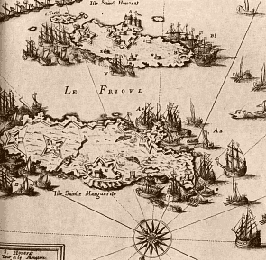 Carte de la reprise, par les Fran�ais, des �les Sainte-Marguerite aux Espagnols