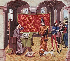 Portrait de Jean Froissart �crivant � sa table et saluant un grand seigneur qui vient lui rendre visite