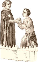 Groupe, en costume de cour, de Louis II de Bourbon recevant l'hommage d'un de ses vassaux, d'après une miniature d'environ 1375 (Recueil de Gaignières, tome III)