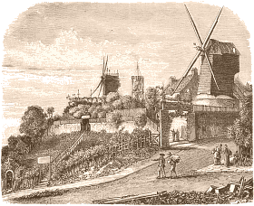 Montmartre - Le moulin de la Galette. Dessin d'Albert Tissandier