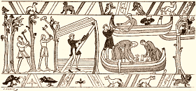 Charpentiers de marine (XIe siècle). D'après la tapisserie de Bayeux attribuée à Mathilde, femme de Guillaume le Conquérant.