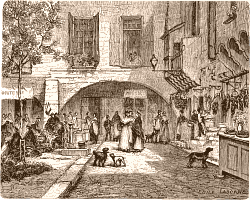 Sur la place du Marché, à Beaucaire. Dessin d'Émile Laborne.