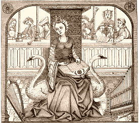 Représentation allégorique de la Musique sous la figure d'une femme du temps de Charles VIII, qui accompagne sur le tympanon un chœr de musiciens d'église et de chambre