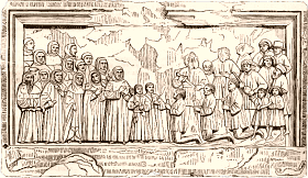 Bas-relief en pierre de liais, représentant une réparation publique faite à l'Université et aux religieux Augustins par trois huissiers.