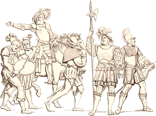Tambour et fifre, capitaine d'infanterie, aventurier, lansquenet, arquebusier régulier (1515). D'après un bas-relief du tombeau de François Ier