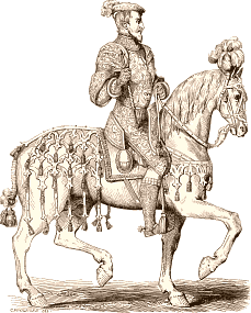 Henri II en capitaine de chevau-légers. D'après un dessin publié dans les Antiquités inédites de Willemm. Dessin de Chevignard