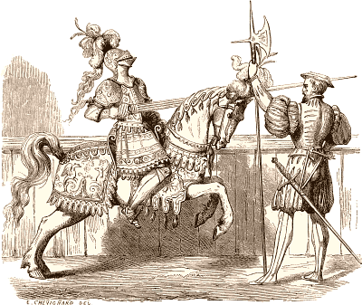 Henri II avec l'armure de tournoi sous laquelle il fut tué, et hallebardier suisse. D'après une gravure du recueil de Perissin et Tortorel. Dessin de Chevignard