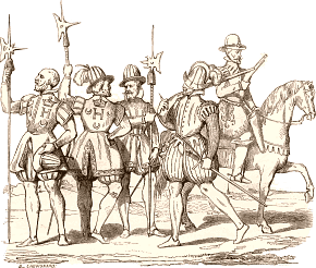 Archers de la garde du corps (1559), arquebusier de bande et Pistolier (1560). D'après Perissin et Tortorel. Dessin de Chevignard