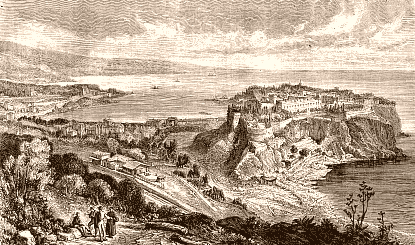 Vue générale du Rocher de Monaco au XIXe siècle. Dessin de Deroy