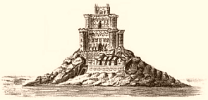 Ile de Tombelaine avec ses fortifications, avant leur destruction par Louis XIV