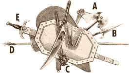 ARMES DES FRANCS A, la Francisque. B, l'Angon. C, la Cotue. D, la Framée. E, la Spatha.