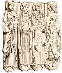 Statues du porche de Saint-Germain-des-Prés. Côté gauche. Clodomir, Chlotilde, Clovis, l'évêque saint Remy.