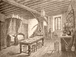 Ancienne Salle à manger de l'auberge de l'Aigle d'Or, à Evron (Mayenne). Dessin de H. Catenacci.