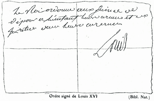 Fac-similé de l'ordre de Louis XVI remis au Capitaine Dürler le 10 août 1792 