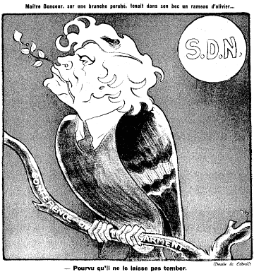 Caricature de Joseph Paul-Boncour parue dans "Bec et ongles" le 6 février 1932 « Maître Boncour, sur une branche perchée, tenait dans son bec un rameau d'olivier... Pourvu qu'il ne le laisse pas tomber »