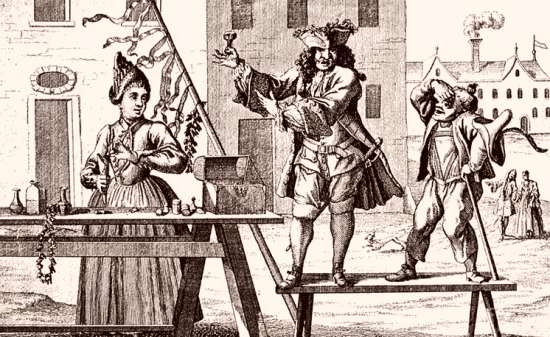 Scène de rue montrant un charlatan. Gravure du XVIIIe siècle
