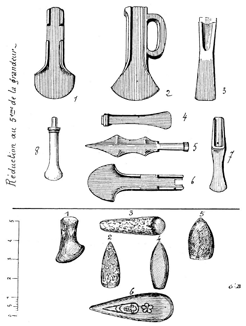 Fausses pièces préhistoriques fabriquées en Auvergne (partie supérieure : en métal ; partie inférieure : en pierre)