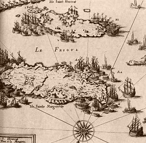 Carte de la reprise par les Français, en 1637, des îles Sainte-Marguerite aux Espagnols