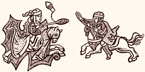 Femme à cheval combattant contre un chevalier (miniature de l'Histoire de Saint-Graal)