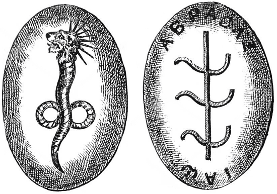 Pierre gnostique gravée à l'effigie d'Abrasax (chrysoprase représentant un serpent avec une tête de lion)
