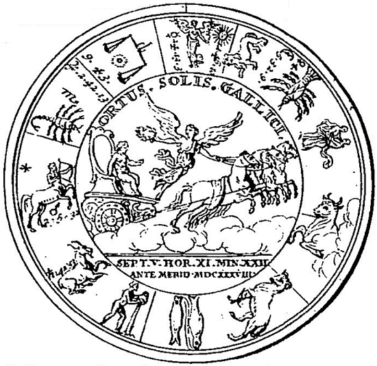 Dessin gravé par Sébastien Le Clerc et publié en 1693 dans Histoire du roy Louis le Grand par les medailles, emblêmes, devises, jettons, inscriptions, armoiries, et autres monumens publics (par le père Claude-François Ménestrier) du revers de la médaille composée par la Petite Académie