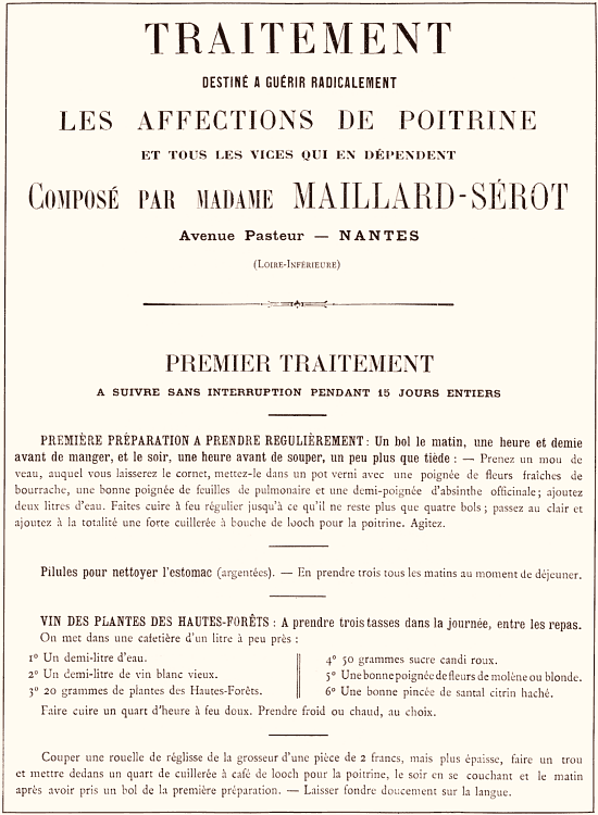 Prospectus de Marie Maillard-Sérot pour le traitement destiné à guérir les affections de poitrine